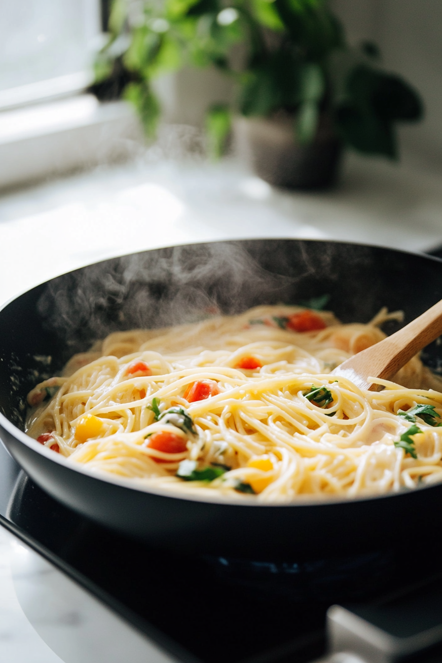 Close-up shot of the black sauté pan on the white marble cooktop. The pasta and vegetables are resting, with the creamy sauce thickening to a velvety texture. Steam rises gently, and the wooden spoon rests on the edge of the pan.