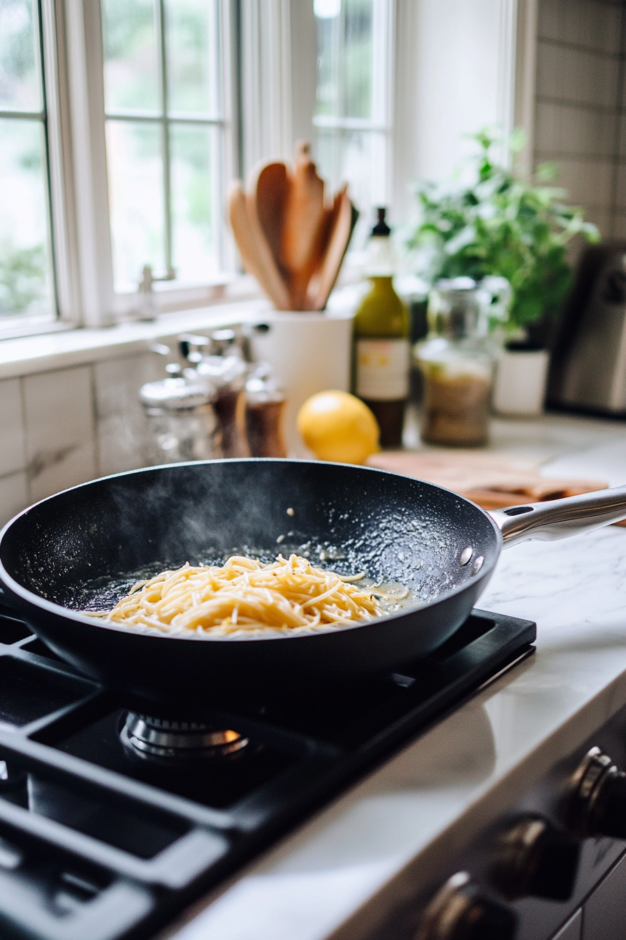 Close-up shot of the same large black skillet over the white marble cooktop, with spaghetti coated in a thick, luscious sauce, glistening with the addition of fresh lemon juice.