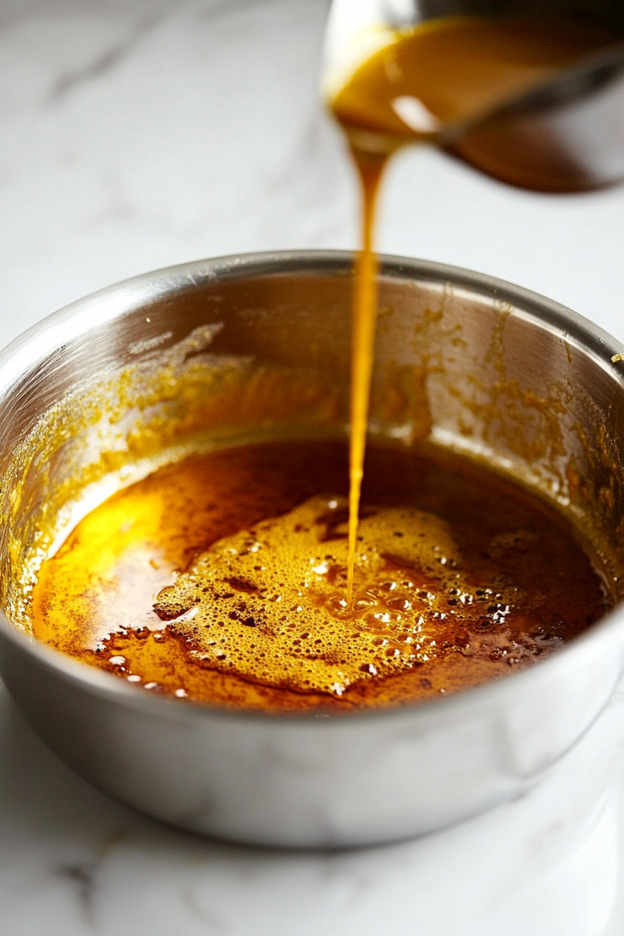 Close-up shot of the shiny stainless steel saucepan on the white marble cooktop, with a cornstarch slurry being whisked into the spiced custard mixture. The filling thickens into a smooth, creamy texture.