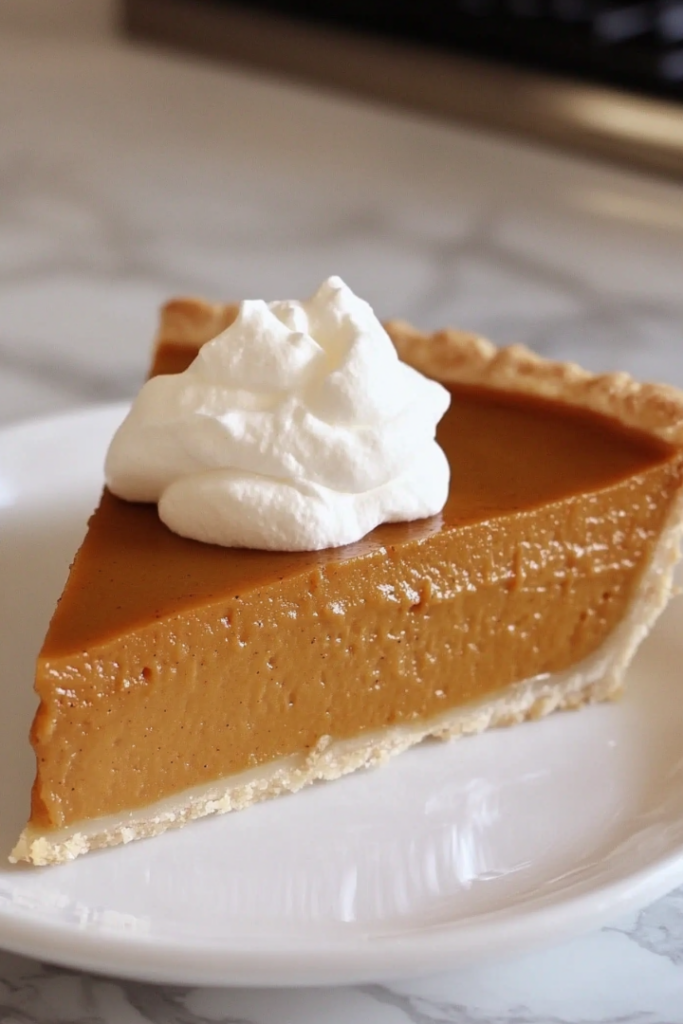 Close-up shot of the pie being served with a dollop of vegan cream cheese or whipped cream on top. The pie has a smooth, creamy texture, with a rich pumpkin color.