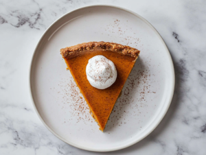 Close-up shot of the pie being served with a dollop of vegan cream cheese or whipped cream on top. The pie has a smooth, creamy texture, with a rich pumpkin color.