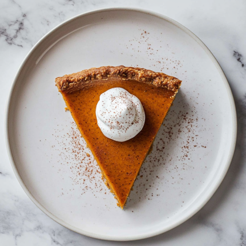 Close-up shot of the pie being served with a dollop of vegan cream cheese or whipped cream on top. The pie has a smooth, creamy texture, with a rich pumpkin color.