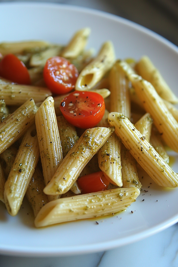 Close-up shot of a serving plate on the white marble cooktop. The pesto-coated pasta is garnished with a drizzle of olive oil, fresh cherry tomatoes, and a sprinkle of black pepper, creating a colorful and appetizing presentation. --ar 4:6