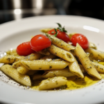 Close-up shot of a serving plate on the white marble cooktop. The pesto-coated pasta is garnished with a drizzle of olive oil, fresh cherry tomatoes, and a sprinkle of black pepper, creating a colorful and appetizing presentation.