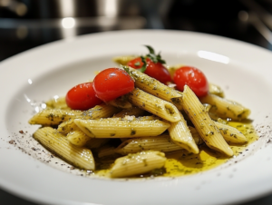 Close-up shot of a serving plate on the white marble cooktop. The pesto-coated pasta is garnished with a drizzle of olive oil, fresh cherry tomatoes, and a sprinkle of black pepper, creating a colorful and appetizing presentation.