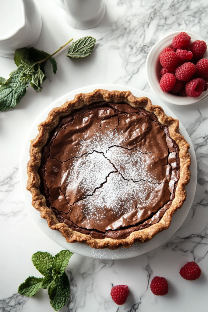 A close-up of a decadent, sliced chocolate brownie pie elegantly arranged on a white marble countertop. The shiny, slightly cracked top reveals a flaky, rich chocolate crust beneath. The pie is garnished with a dusting of powdered sugar, fresh raspberries, and a sprig of mint.