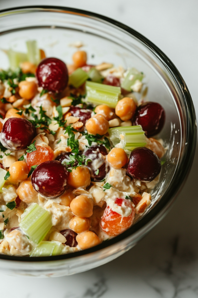 Close-up shot of the glass bowl on the white marble cooktop with the almond/chickpea mixture fully blended into a creamy salad, covered with plastic wrap, ready to be refrigerated