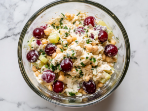 Close-up shot of the glass bowl on the white marble cooktop with the almond/chickpea mixture fully blended into a creamy salad, covered with plastic wrap, ready to be refrigerated