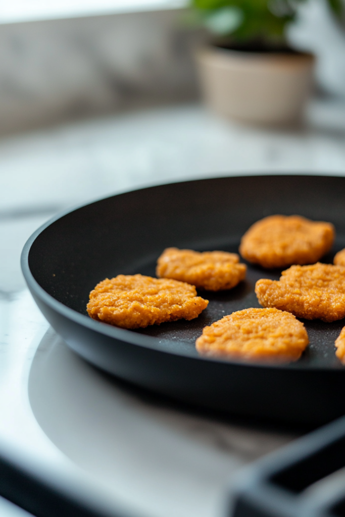 Close-up shot of a shiny black skillet on the white marble cooktop, holding the chilled vegan chicken tenders, ready to be seasoned and cooked. Their texture appears firm, with an even golden hue, perfect for pan-frying, grilling, breading, or slicing.