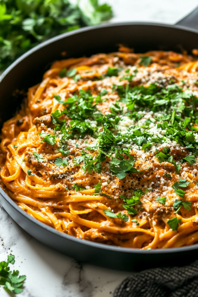 Close-up shot of a large black skillet on a white marble cooktop, with the creamy pasta and sauce topped with chopped parsley and optional vegan parmesan. The dish is garnished beautifully, with the green parsley contrasting against the creamy pasta.