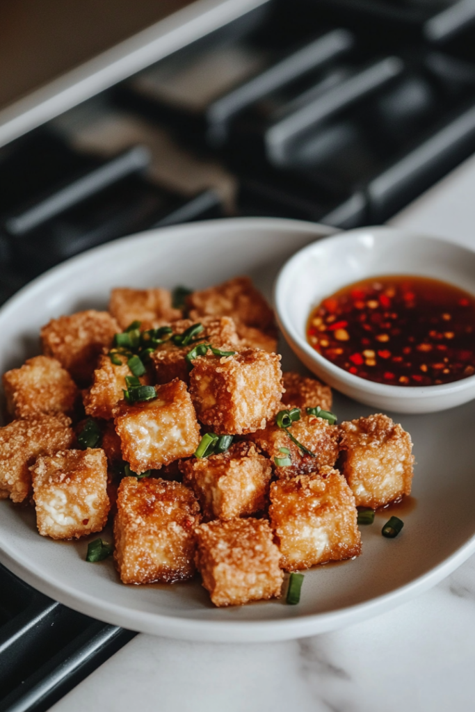 Close-up shot of a plate of crispy fried tofu cubes, served hot and arranged with a side of dipping sauce, ready to be enjoyed, set over a white marble cooktop.