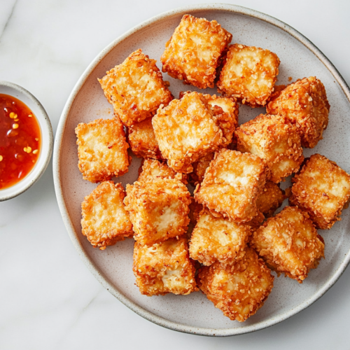 Close-up shot of a plate of crispy fried tofu cubes, served hot and arranged with a side of dipping sauce, ready to be enjoyed, set over a white marble cooktop.