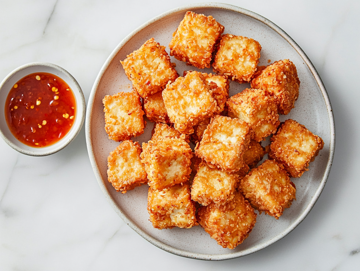 Close-up shot of a plate of crispy fried tofu cubes, served hot and arranged with a side of dipping sauce, ready to be enjoyed, set over a white marble cooktop.