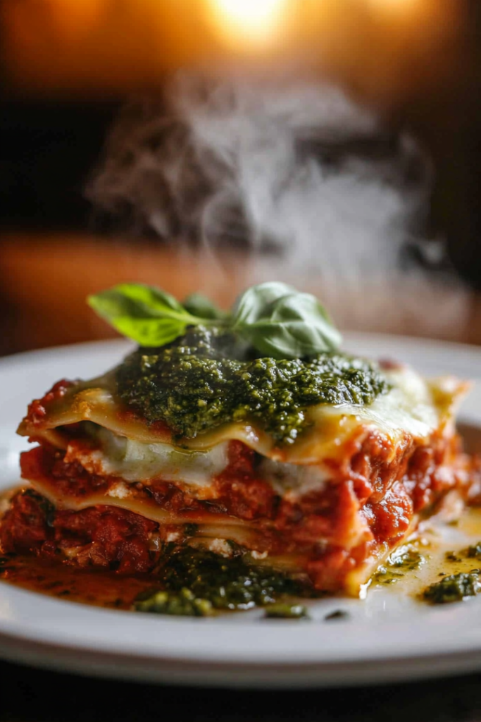 Close-up shot of a serving of lasagna on a plate with a spoonful of arugula pesto on top and basil ribbons sprinkled around. The dish is fresh out of the oven with steam rising from it.