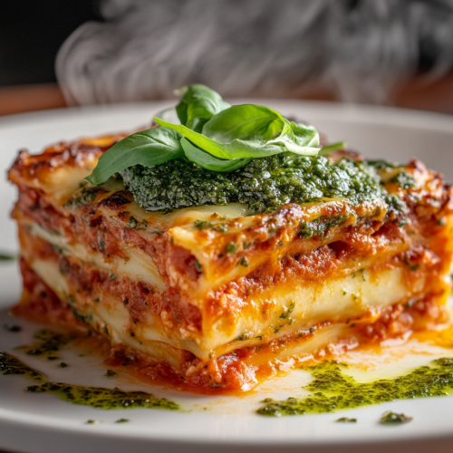 Close-up shot of a serving of lasagna on a plate with a spoonful of arugula pesto on top and basil ribbons sprinkled around. The dish is fresh out of the oven with steam rising from it.