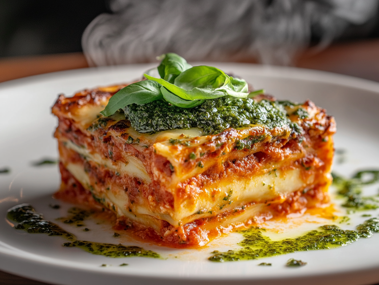 Close-up shot of a serving of lasagna on a plate with a spoonful of arugula pesto on top and basil ribbons sprinkled around. The dish is fresh out of the oven with steam rising from it.