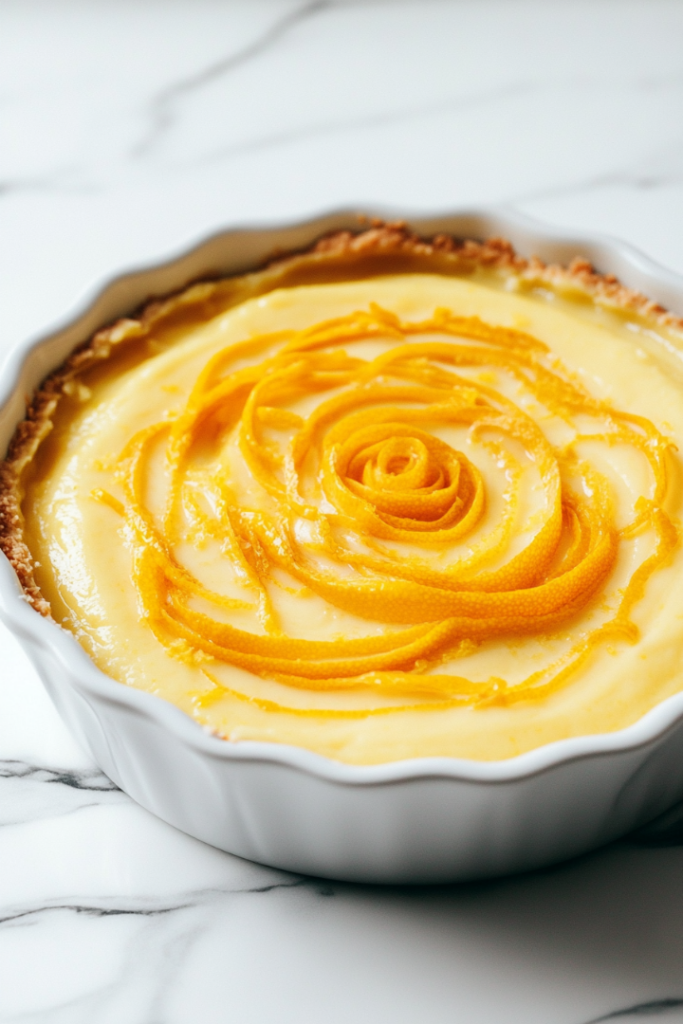 A close-up of a fully set vegan lemon pie in a white ceramic dish on a white marble countertop, garnished with spirals of fresh, bright yellow lemon zest. The decoration contrasts beautifully with the smooth lemon filling and the crisp cookie crust.