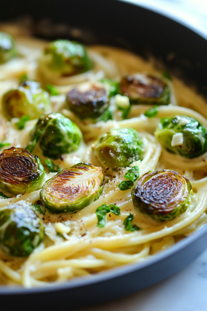 Close-up shot of the same large black skillet over the white marble cooktop, with the pasta and Brussels sprouts thoroughly combined, steaming and ready to serve. The dish is garnished with a hint of lemon zest and optional vegan Parmesan.