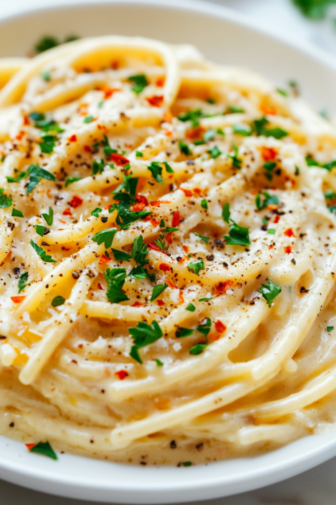 Close-up shot of a plate of creamy pasta and vegetables on the white marble cooktop. The dish is topped with vegan parmesan, fresh parsley, and red pepper flakes, creating a colorful and inviting presentation