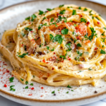 Close-up shot of a plate of creamy pasta and vegetables on the white marble cooktop. The dish is topped with vegan parmesan, fresh parsley, and red pepper flakes, creating a colorful and inviting presentation