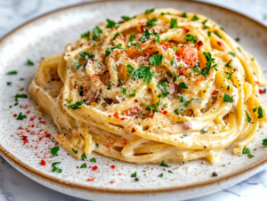 Close-up shot of a plate of creamy pasta and vegetables on the white marble cooktop. The dish is topped with vegan parmesan, fresh parsley, and red pepper flakes, creating a colorful and inviting presentation