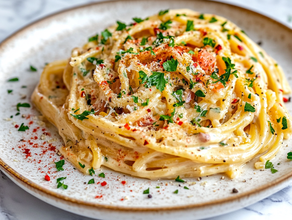 Close-up shot of a plate of creamy pasta and vegetables on the white marble cooktop. The dish is topped with vegan parmesan, fresh parsley, and red pepper flakes, creating a colorful and inviting presentation