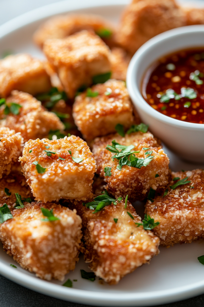 Close-up shot of crispy tofu pieces arranged on a plate, topped with fresh chopped parsley, with a small bowl of bang bang sauce on the side