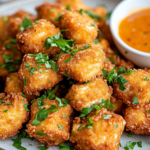 Close-up shot of crispy tofu pieces arranged on a plate, topped with fresh chopped parsley, with a small bowl of bang bang sauce on the side