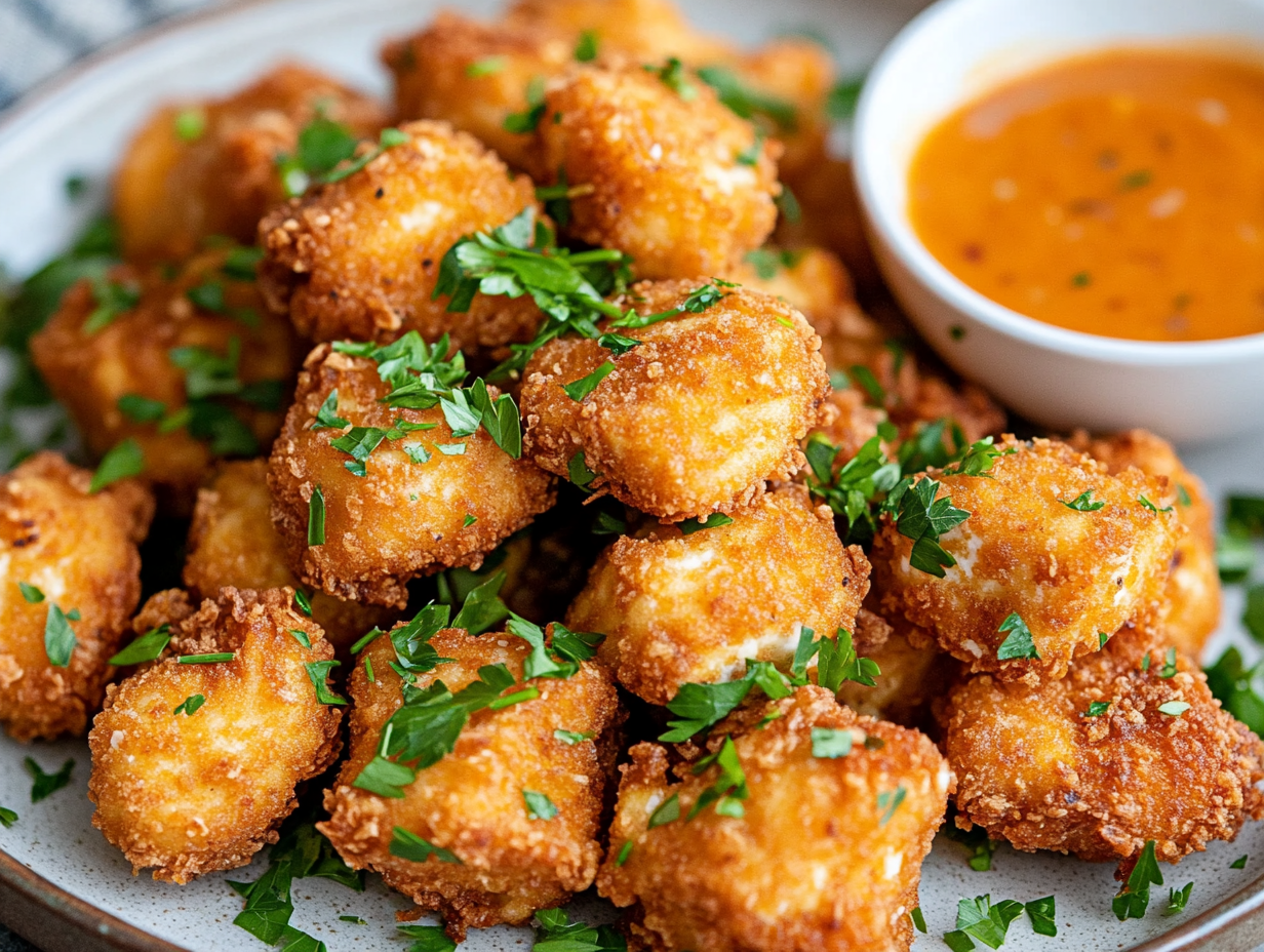 Close-up shot of crispy tofu pieces arranged on a plate, topped with fresh chopped parsley, with a small bowl of bang bang sauce on the side