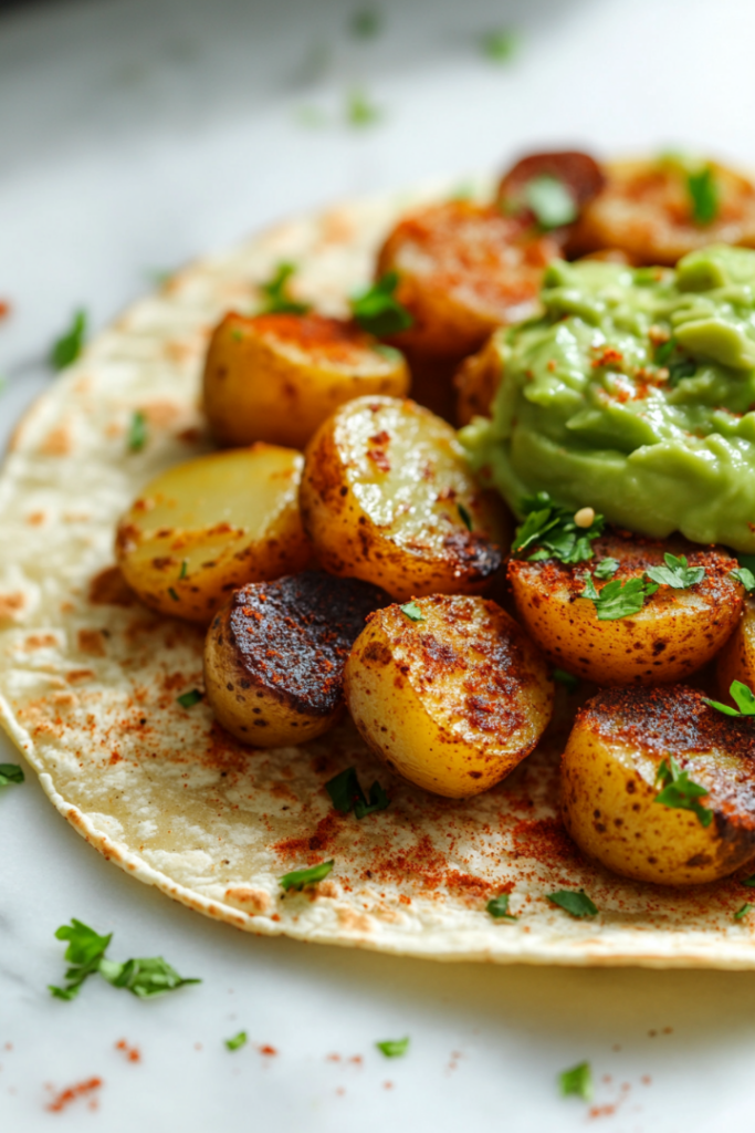 Close-up shot of a taco assembly station on the white marble cooktop, featuring warm corn tortillas, golden-brown potatoes, cooked veggies, and fresh chopped avocado. Each component looks vibrant and fresh.