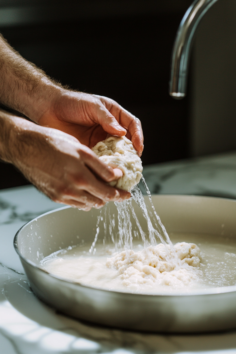 Close-up shot of hands gently squishing and squeezing the dough under running water on the white marble cooktop, the water becoming thick and milky