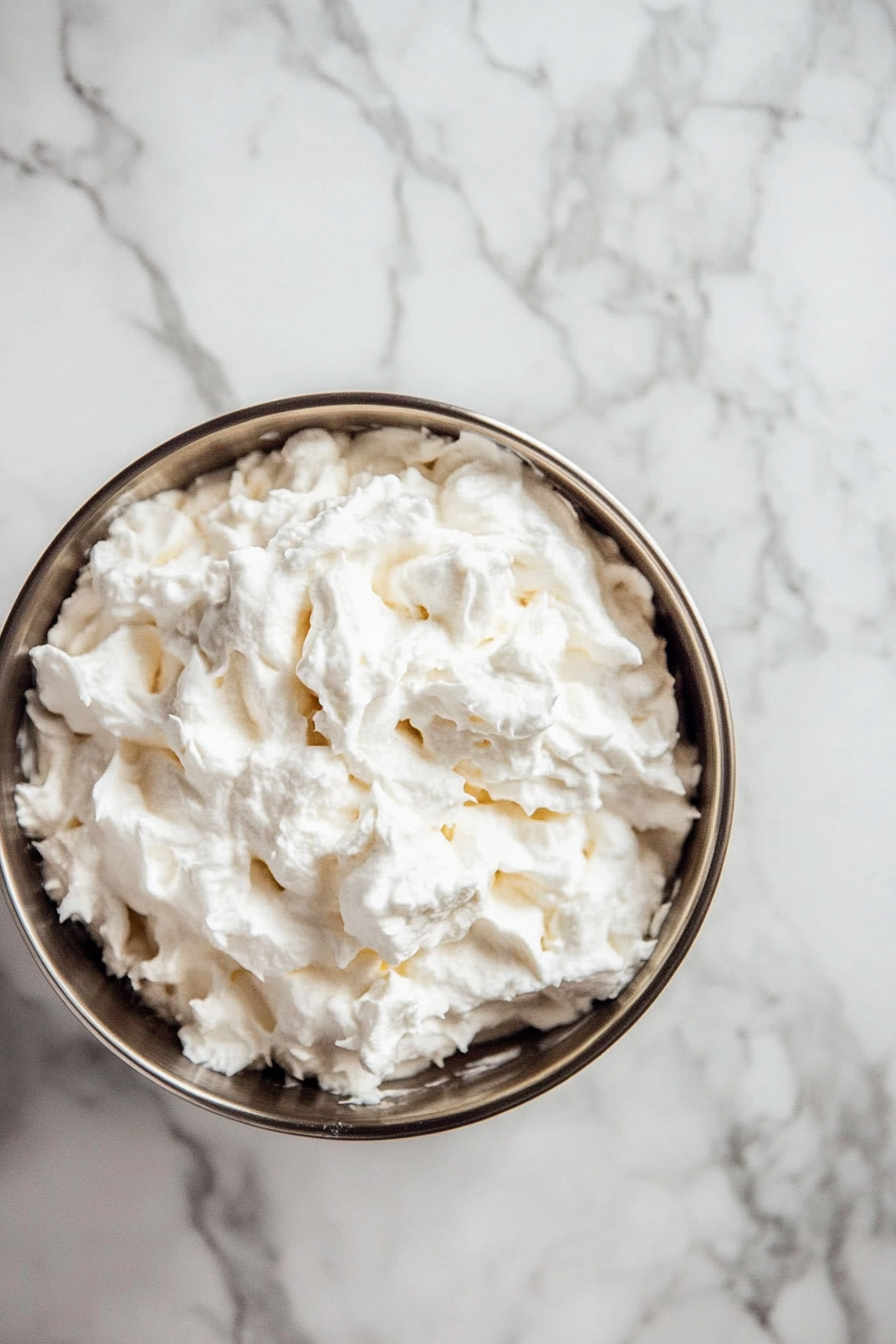 A close-up of a shiny stand mixer bowl on a white marble countertop filled with coconut cream whipped into fluffy peaks. The cream has a glossy texture with soft ridges, indicating a perfect, airy consistency.