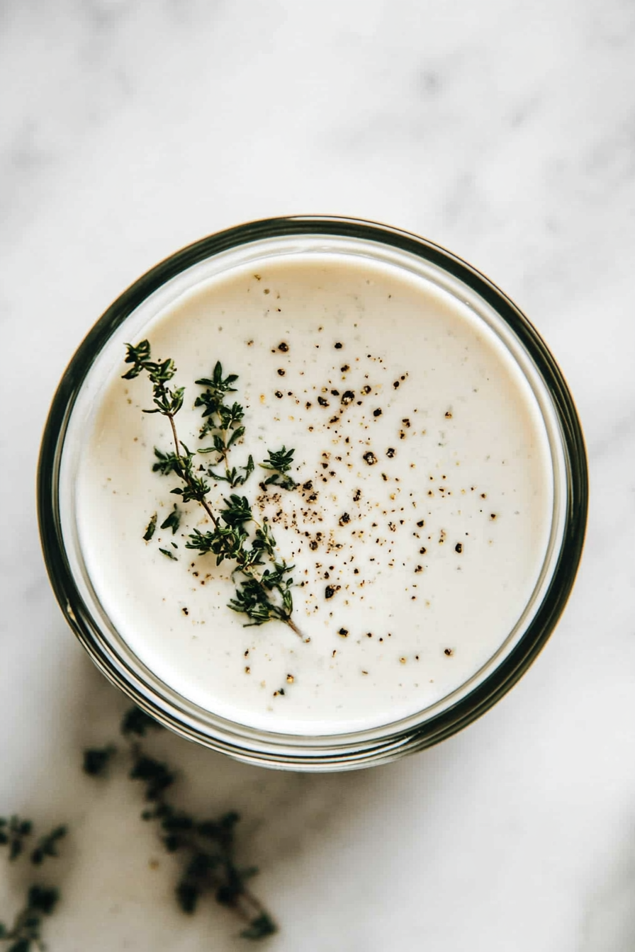 Close-up shot of a glass bowl on the white marble cooktop with a whisk stirring together vegetable broth, plant-based milk, flour, thyme, salt, and pepper. The mixture is smooth and creamy, ready to be added to the skillet