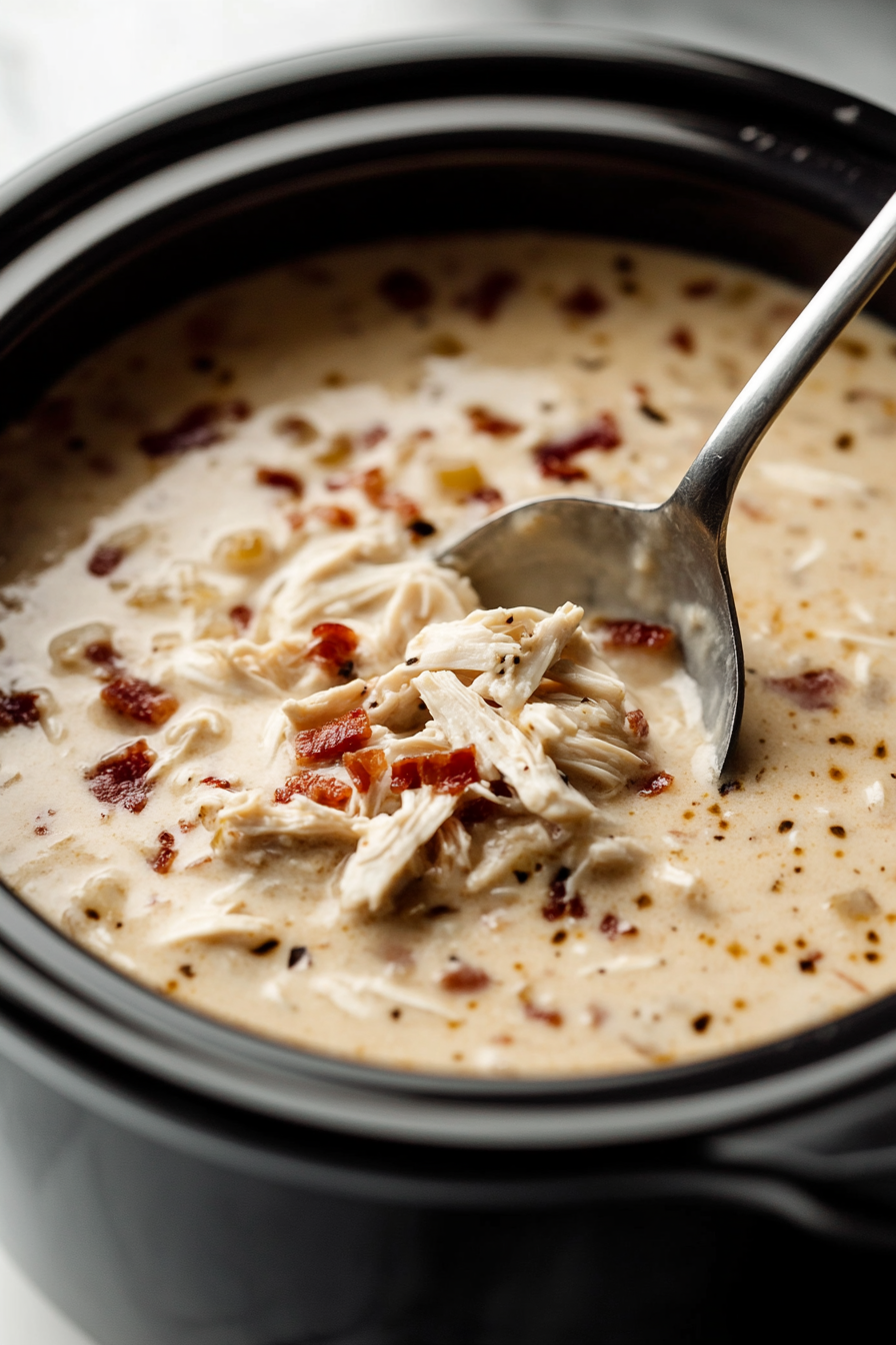 Close-up shot of two forks shredding cooked chicken breasts on the white marble cooktop, with the slow cooker and remaining soup ingredients in the background. The chicken is tender and being pulled apart, with juicy strands falling onto a clean surface