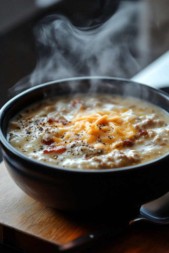 Close-up shot of a steaming bowl of Keto Crack Chicken Soup, served on a wooden surface with a spoon resting next to it. The creamy soup has melted cheddar cheese and crispy bacon bits visible, with steam rising, set against a backdrop of a white marble cooktop.