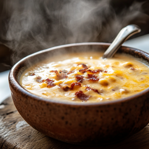 Close-up shot of a steaming bowl of Keto Crack Chicken Soup, served on a wooden surface with a spoon resting next to it. The creamy soup has melted cheddar cheese and crispy bacon bits visible, with steam rising, set against a backdrop of a white marble cooktop.