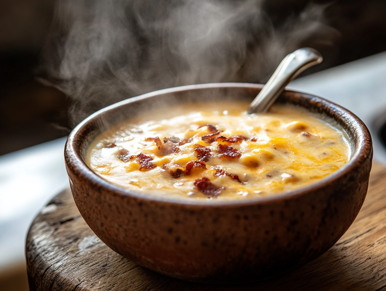 Close-up shot of a steaming bowl of Keto Crack Chicken Soup, served on a wooden surface with a spoon resting next to it. The creamy soup has melted cheddar cheese and crispy bacon bits visible, with steam rising, set against a backdrop of a white marble cooktop.