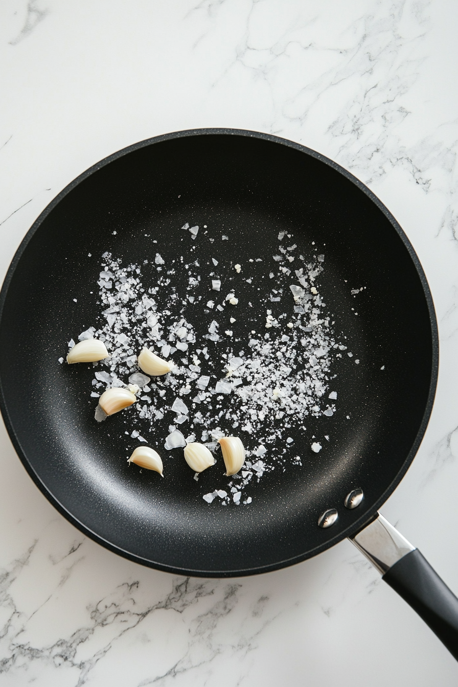 The black skillet, now containing 2 tablespoons of melted butter and minced garlic, sits on the white marble cooktop. The garlic is golden and evenly spread across the skillet, highlighting its fragrant sautéed state