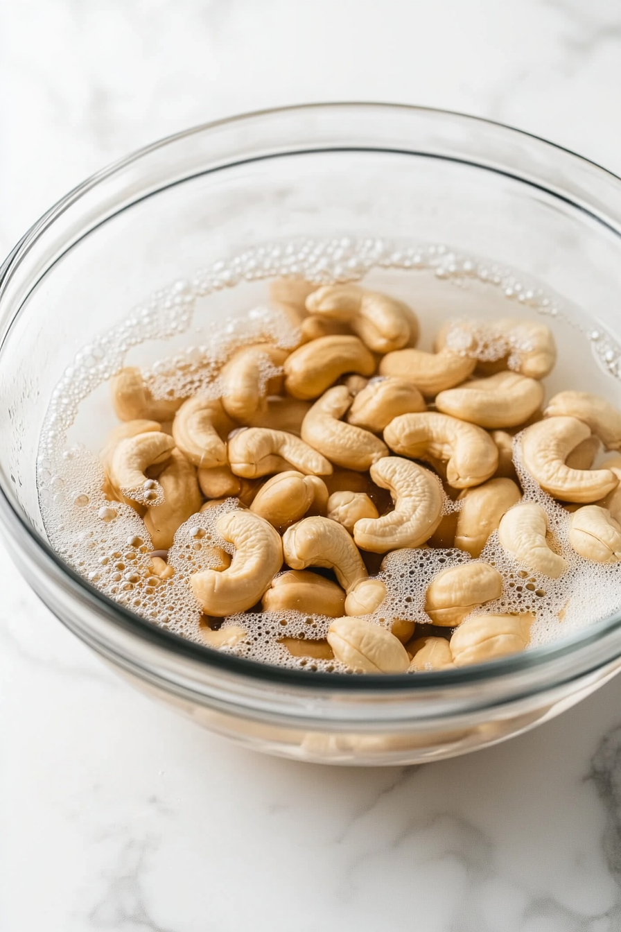 Close-up shot of a glass bowl filled with raw cashews or macadamia nuts submerged in water on a wooden kitchen countertop. The nuts are soaking, with small bubbles forming around them.