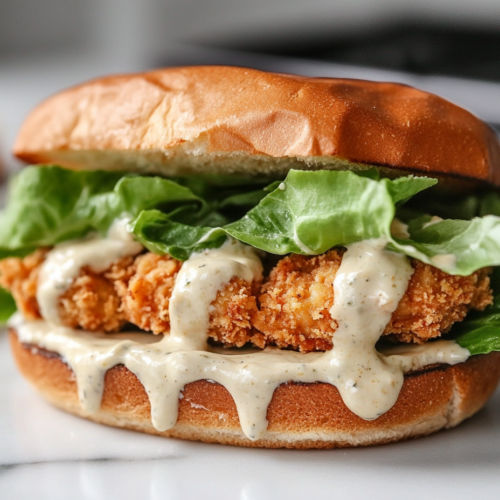 Close-up shot of a sandwich being assembled on the white marble cooktop, with a chickpea patty placed on a bun, topped with romaine lettuce, a drizzle of Caesar dressing, and the top bun added.