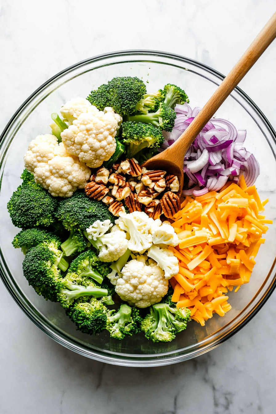 A large salad bowl filled with chopped broccoli, cauliflower, red onions, shredded cheddar cheese, and pecans, with the dressing being poured over the top