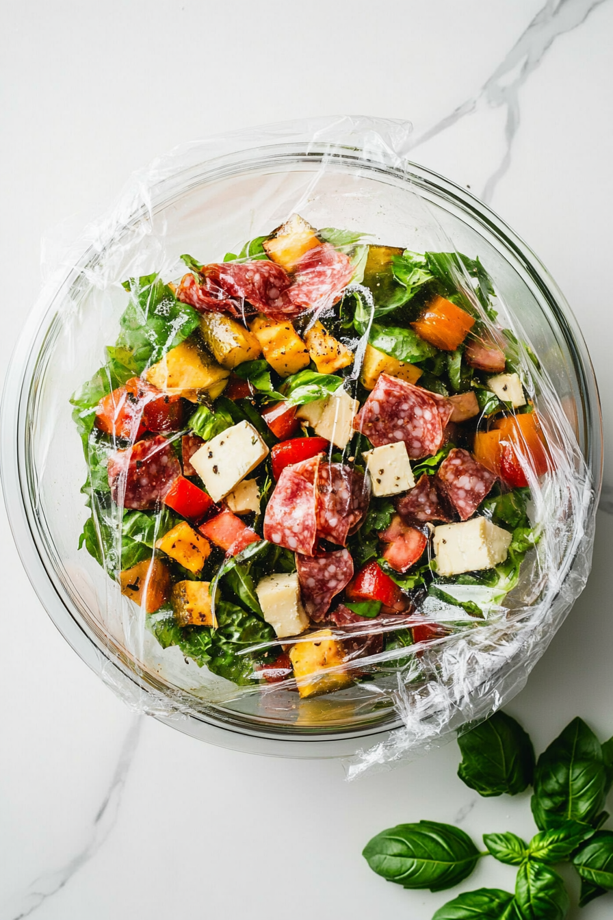 A covered bowl of antipasto salad placed in the refrigerator to marinate before serving