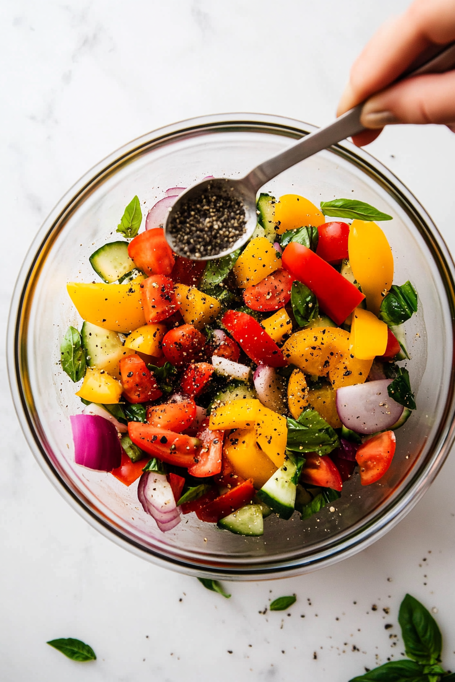 A hand sprinkling black pepper and dried basil over the prepared antipasto salad