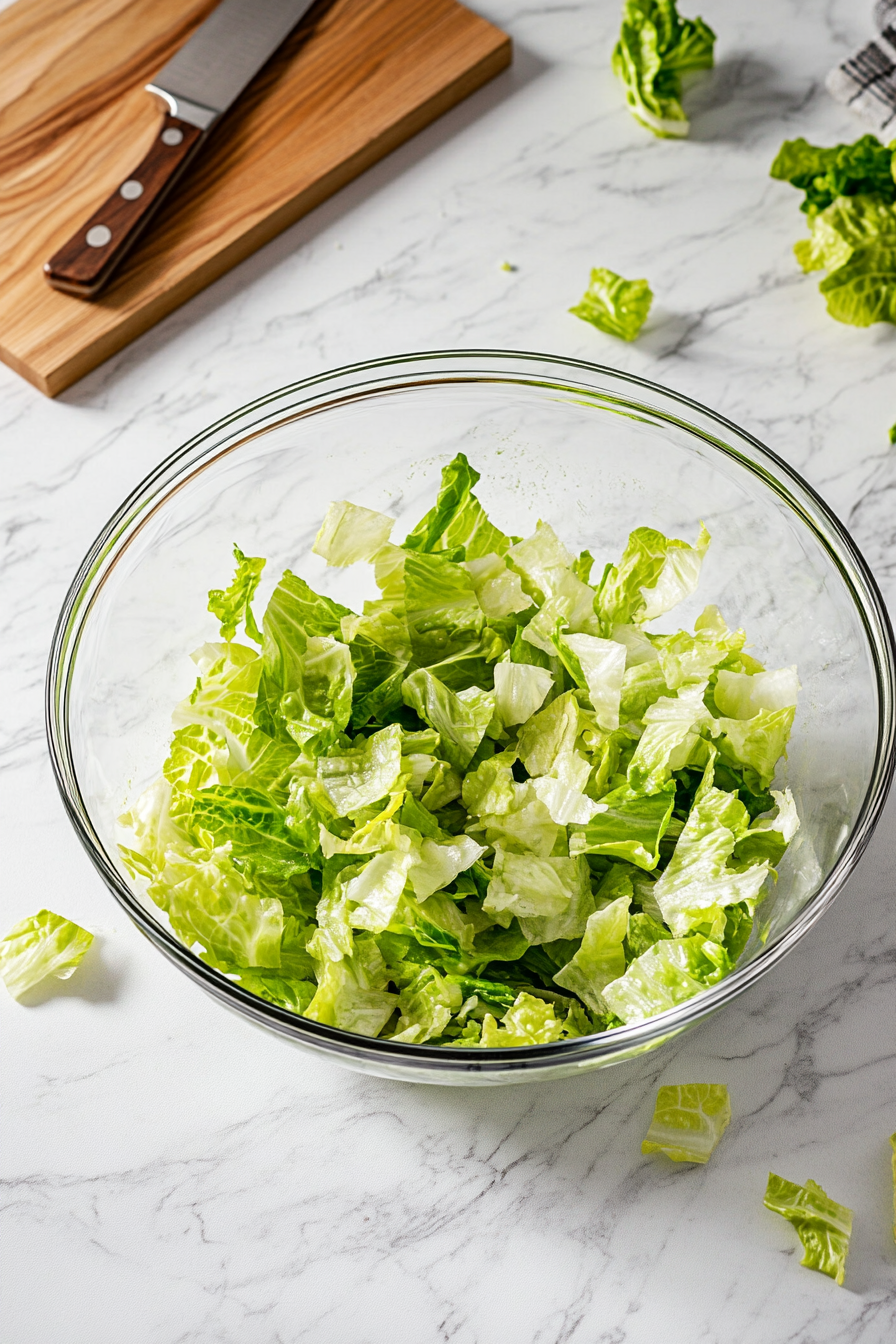 A large salad bowl filled with chopped romaine lettuce, topped with salami, provolone, mini pepperoni, and fresh vegetables.