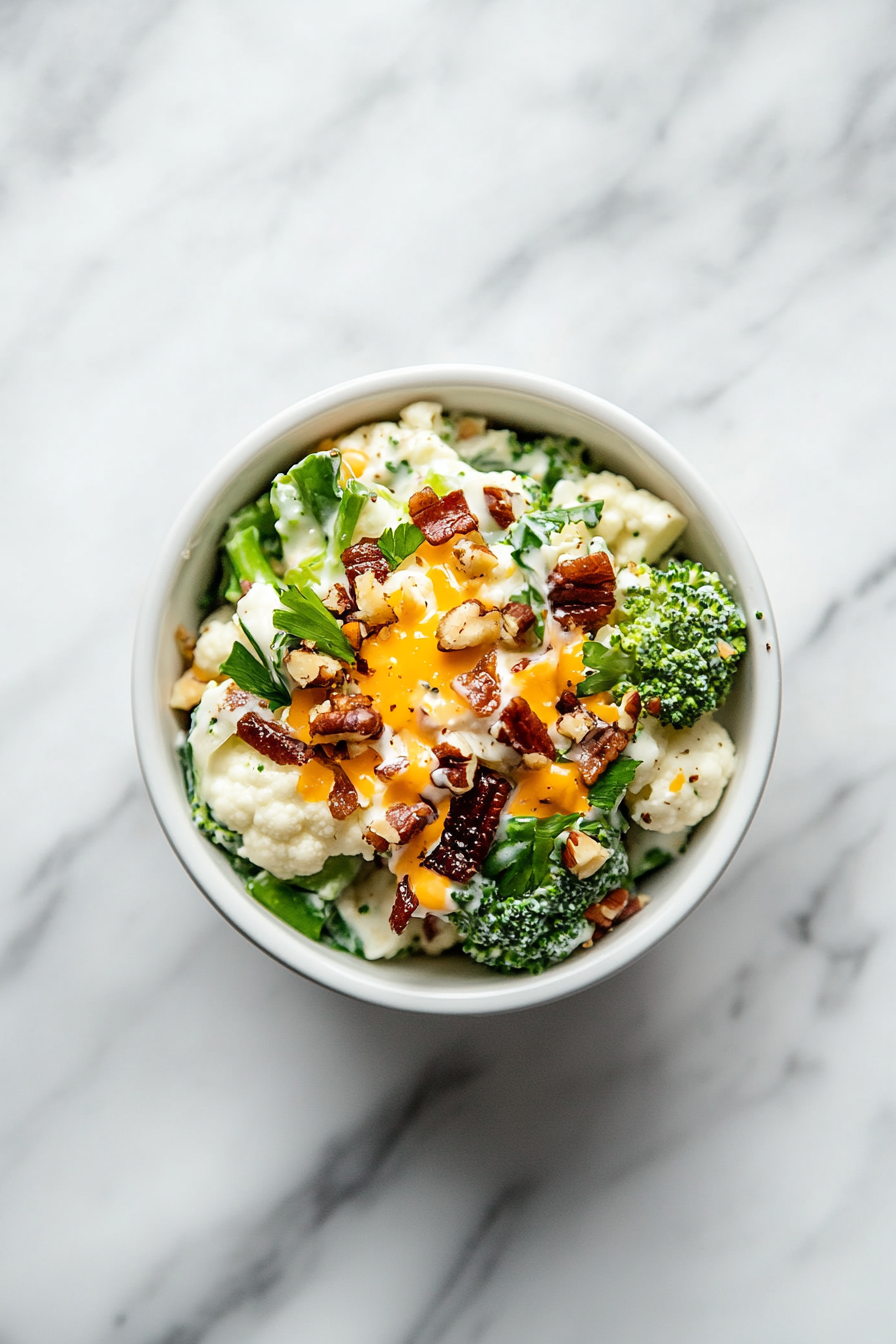 A fully prepared bowl of broccoli cauliflower salad with bacon, glistening with creamy dressing, ready to be served