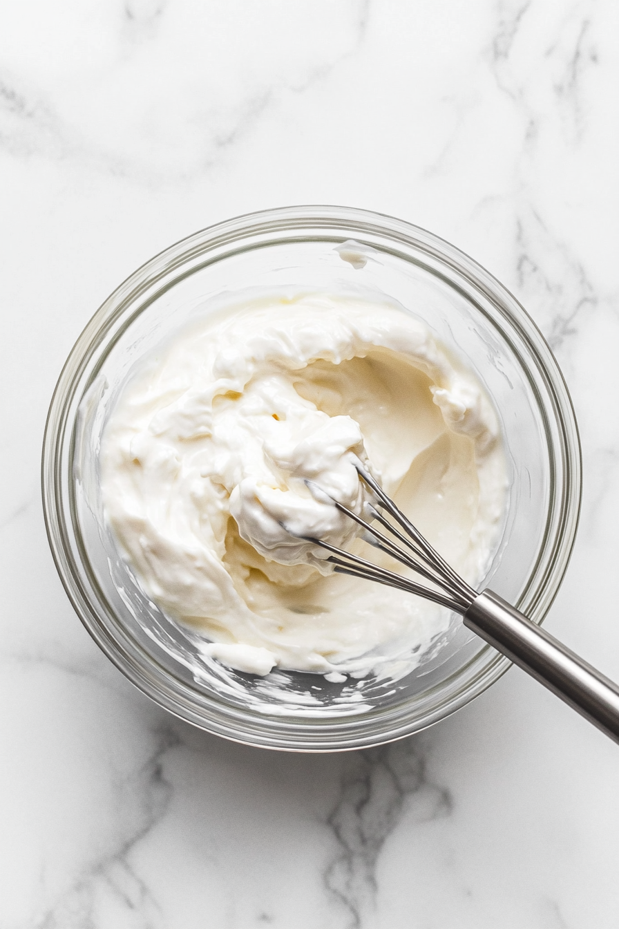 A small bowl with a creamy mixture of mayonnaise, apple cider vinegar, and sweetener being whisked together for the salad dressing