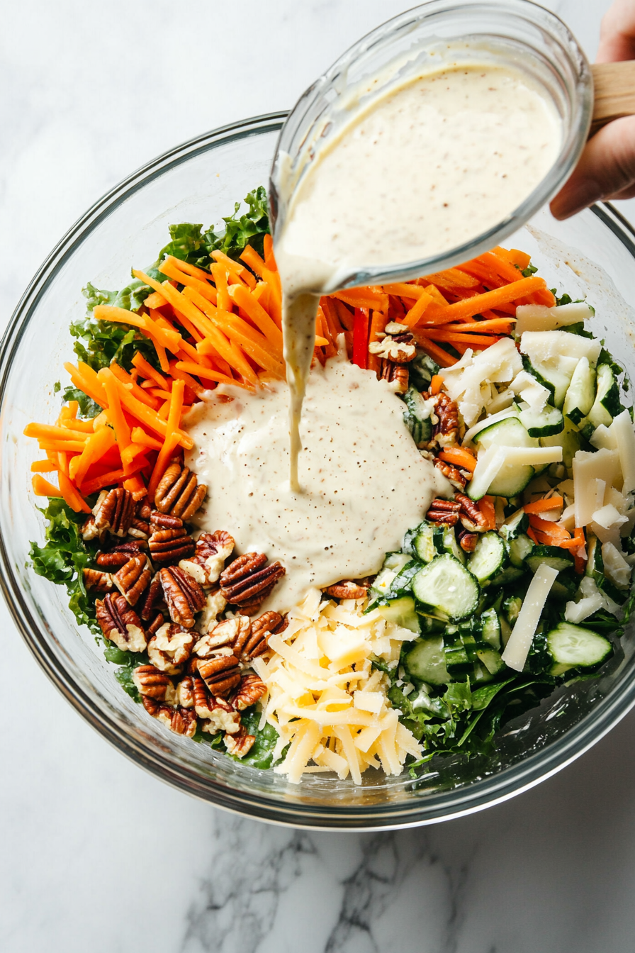 Crispy crumbled bacon being sprinkled over the mixed salad for added crunch and flavor