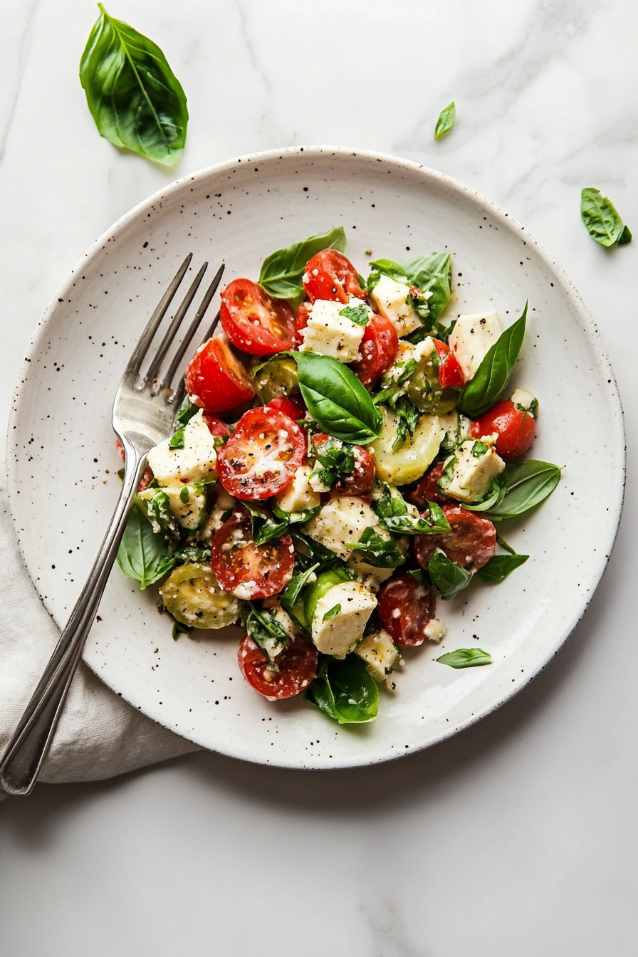 A fresh and colorful antipasto salad served in a bowl, garnished with basil, ready to be enjoyed.