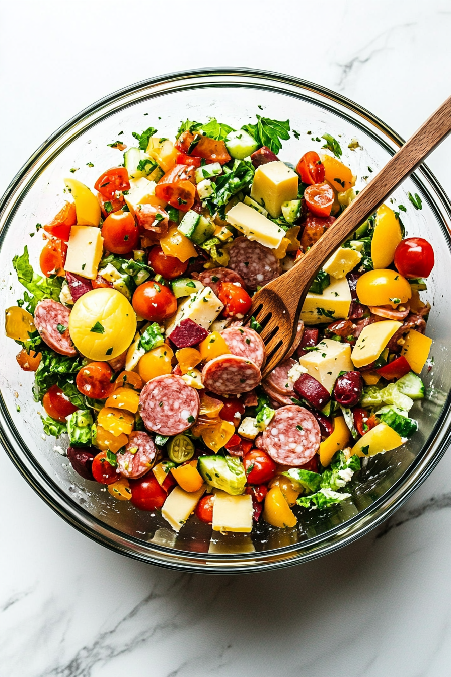 A large salad bowl with all ingredients being tossed together with the homemade dressing.