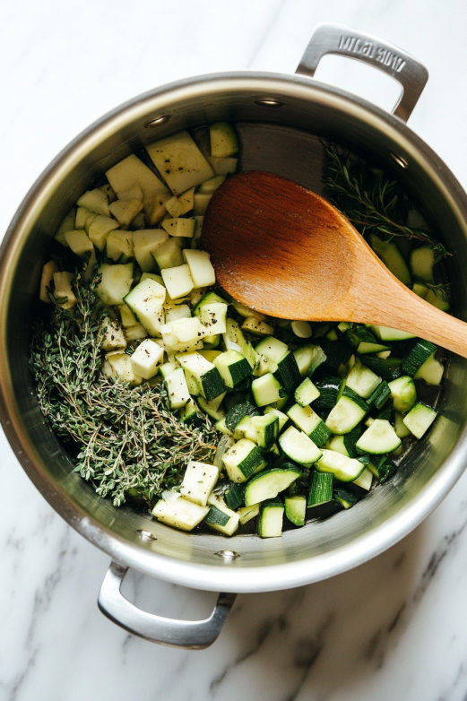 Add garlic, oregano, thyme, and seasonal vegetables